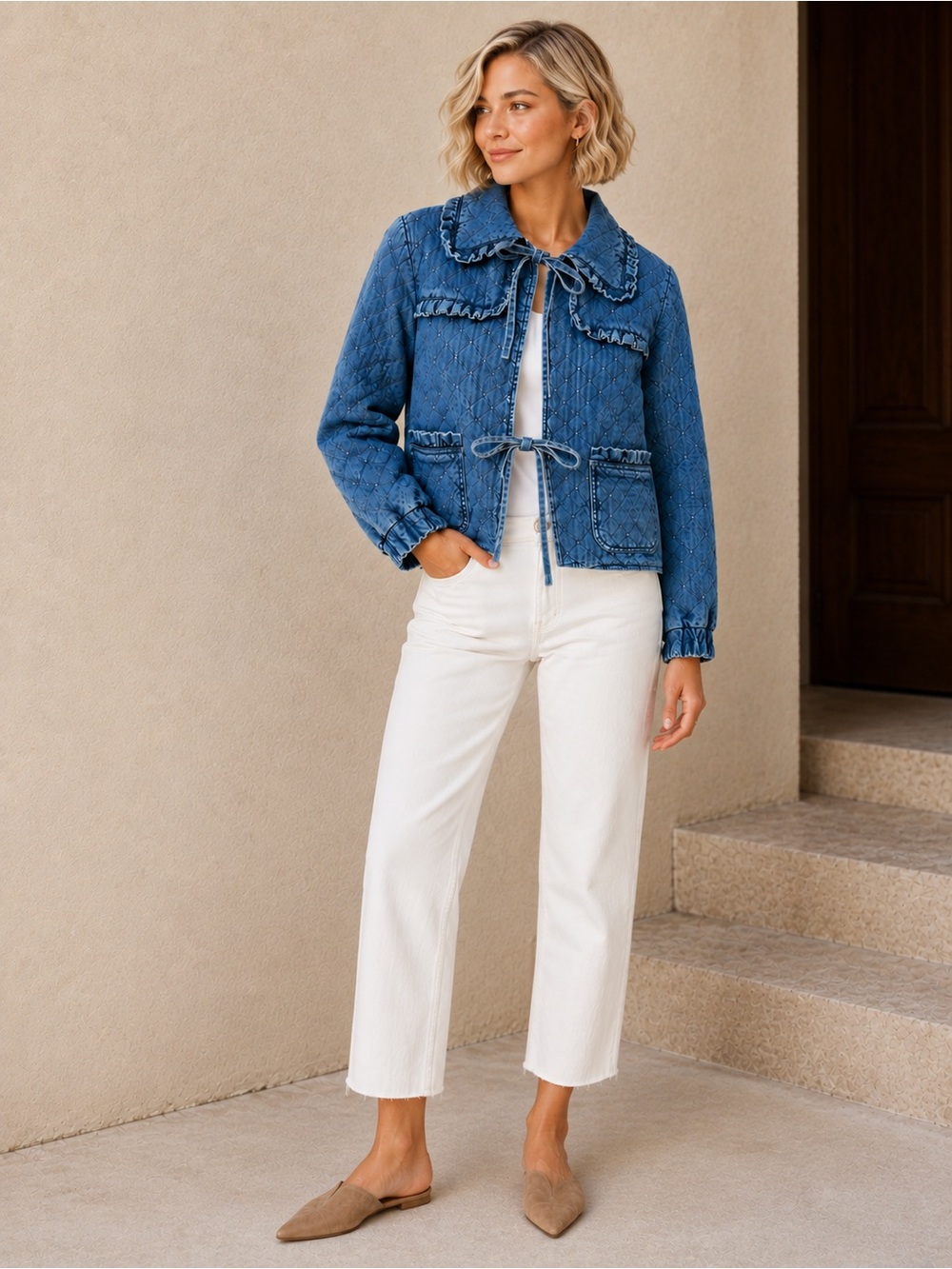 Avec Les Filles Blue Ruffled Tie-Front Denim Jacket